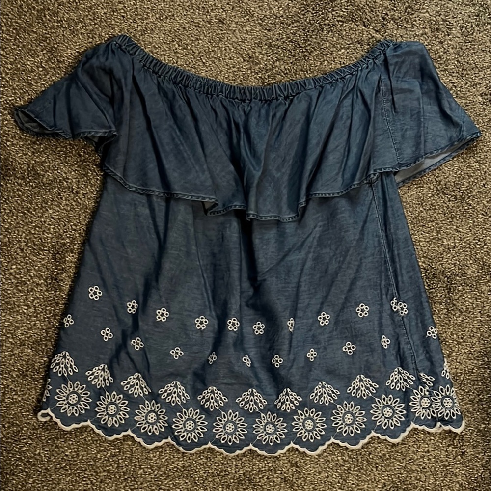 Navy Blue Off-Shoulder Top with White Embroidery